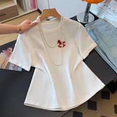 批发实拍新中式春夏国风重工钉珠小马正肩短袖T恤洋气女百搭纯色上衣