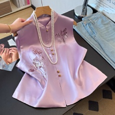 实拍新中式春季复古缎面重工亮片刺绣立领盘扣领国风马甲上衣外套