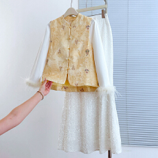 批发实拍新中式立领提花马甲国风鸵鸟毛长袖打底搭配亮片半身裙三件套