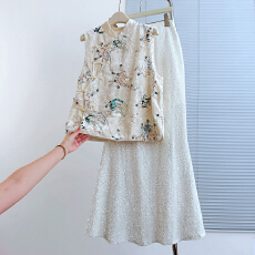 批发实拍新中式国风立领斜襟提花亮片刺绣马甲搭配复古亮片半身裙套装