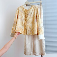 批发高端新中式圆领提花刺绣钉珠上衣搭配真丝百搭淑女绣花长裤套装