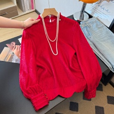 批发实拍新中式新款国风绒面重工提花改良花边下摆长袖民族风衬衫上衣