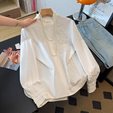 批发实拍新中式春夏新款立领花边复古重工刺绣改良百搭长袖衬衫上衣