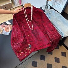 批发实拍新中式民族风改良立领盘扣重工提花刺绣复古国风淑女长袖上衣