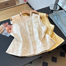 批发实拍新中式重工民族风缎面提花立体刺绣圆领盘扣开衫改良马甲上衣