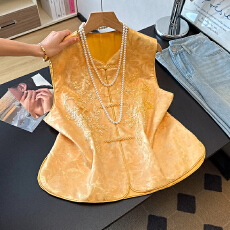 批发实拍新中式古韵民族风重工提花立体亮片刺绣圆领盘扣改良马甲上衣