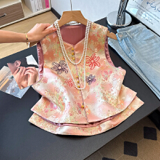 批发实拍新中式小圆领国风重工提花刺绣盘扣坎肩马甲国风复古开衫外套