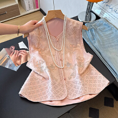 批发实拍新中式小圆领重工立体亮片钉珠提花刺绣改良复古坎肩马甲上衣