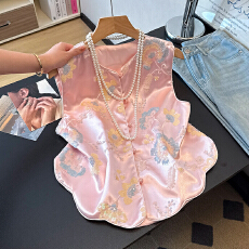 批发实拍新中式复古改良新款重工缎面提花弧形花边下摆国风坎肩女马甲