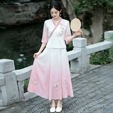 批发国潮新中式夏季汉服女中国风斜襟改良旗袍上衣民族风半身裙套装