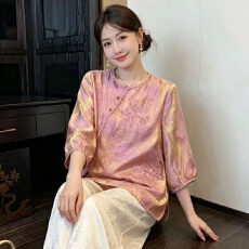 批发实拍新中式古风诗韵重工提花刺绣圆领斜襟盘扣中袖改良中国风上衣
