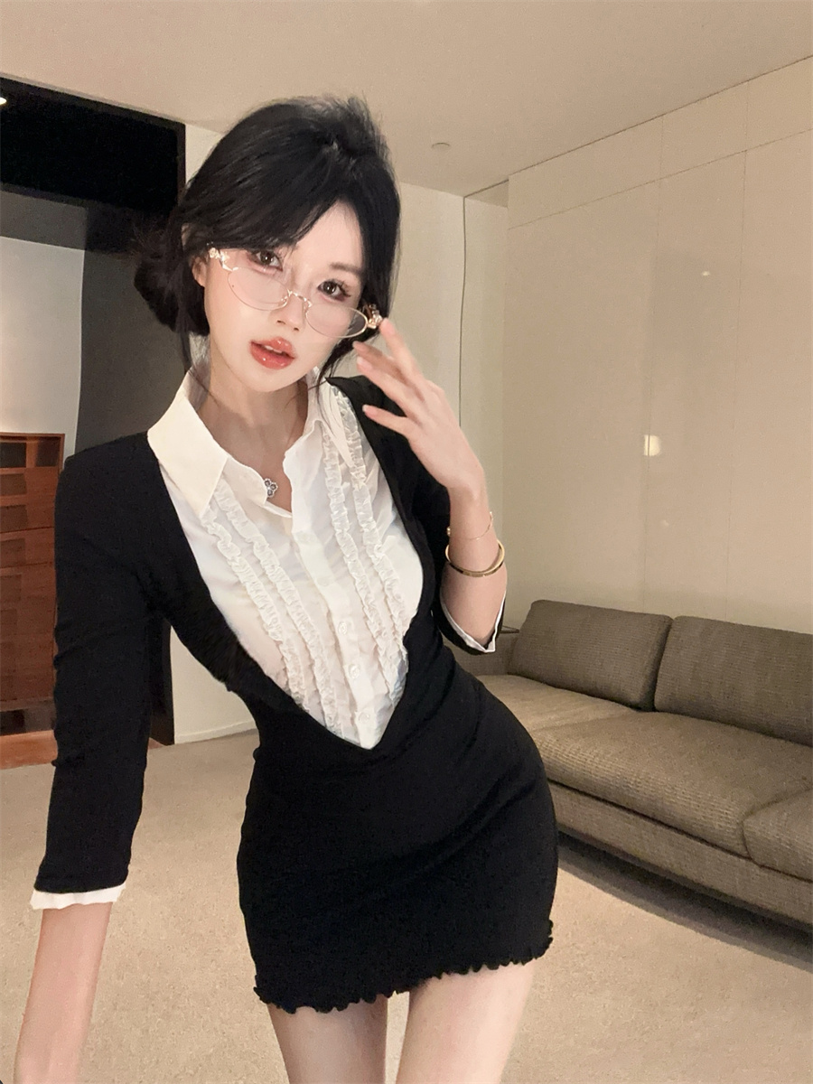 FA36989# 纯欲衬衣领撞色拼接假两件修身显瘦排扣辣妹连衣裙短裙 服裝批發女裝批發服飾貨源