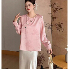 批发2026春季新款国风新中式t恤马上有财提花高级刺绣长袖衬衫上衣