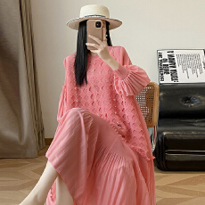 批发<b class='q'>欧美</b>时尚重工钉珠灯笼袖宽松压褶连衣裙女2025秋季休闲高级感<b class='q'>长裙</b>