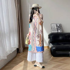 批发高端褶皱<b class='q'>连衣裙</b>2025春秋新款气质<b class='q'>大码</b>印花宽松衬衫a字开衫裙