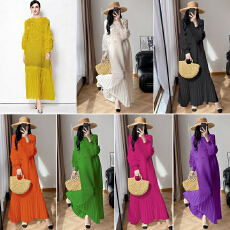 批发欧洲站2025新款荷叶摆盘花袖立体花朵装饰褶皱钉珠A字<b class='q'>连衣裙</b>