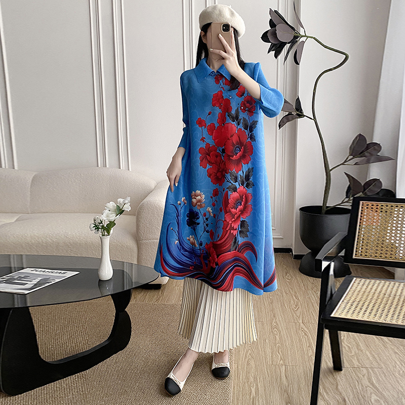 MY16724# 新中式立领钉珠褶皱旗袍裙女新款盘扣印花中长款宴会洋装敬酒...