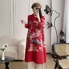 批发三宅风褶皱<b class='q'>春秋</b>大码凤穿牡丹开衫风衣外套翻领印花弹簧抖抖<b class='q'>连衣裙</b>