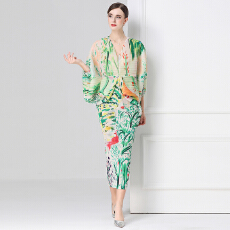 批发三宅褶皱2025春款设计感洋气大妈印花<b class='q'>连衣裙</b>女宽松<b class='q'>蝙蝠</b>袖显瘦长裙