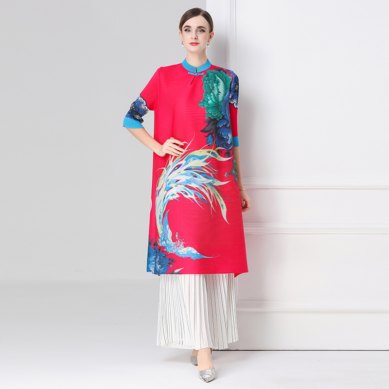 MY16721# 三宅新中式妈妈连衣裙女气质减龄印花大码国风改良旗袍裙女裝...