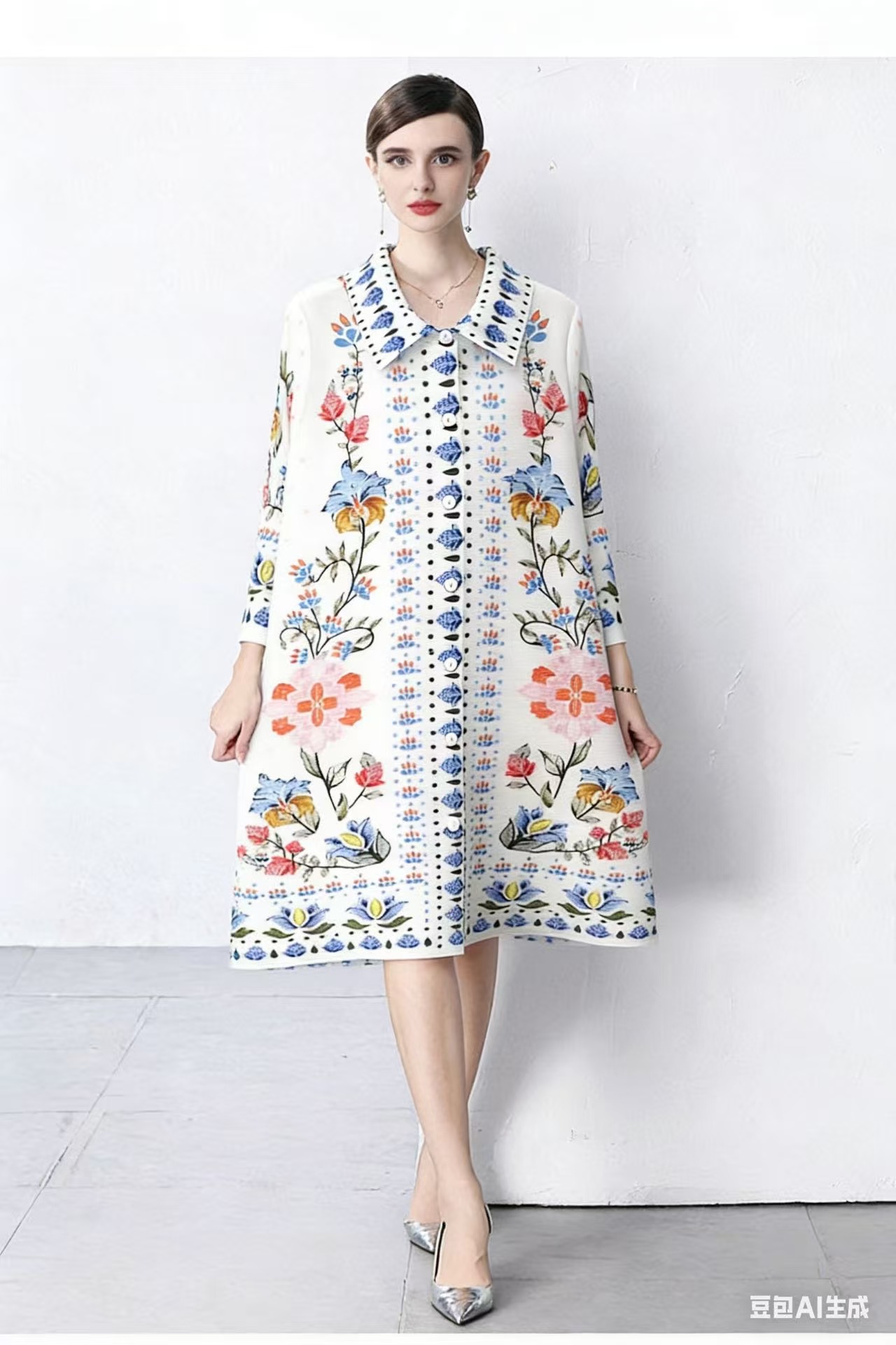 RY1498# 高端褶皱连衣裙春秋新款气质大码印花宽松衬衫a字开衫