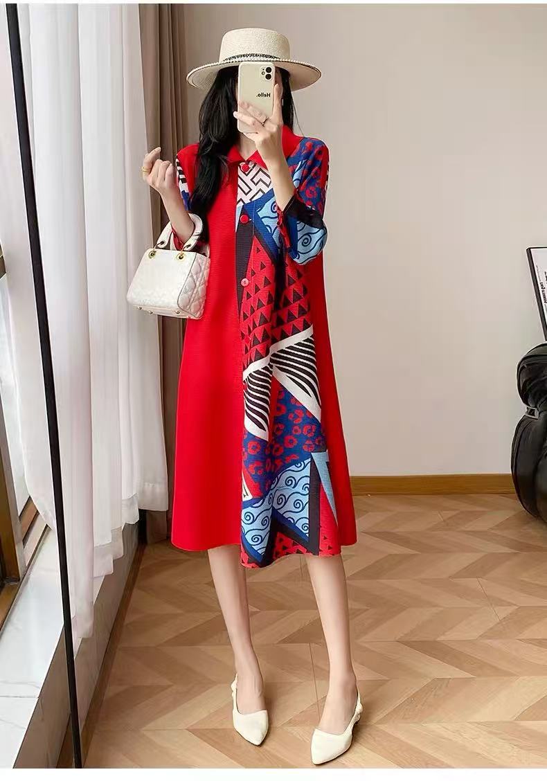 RY1496# 高端褶皱连衣裙2026春秋新款气质大码印花宽松衬衫a字开衫