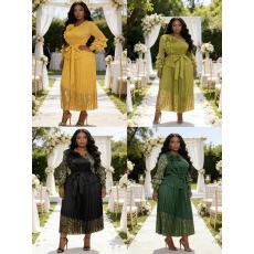 批发三宅跨境批发新款优雅烫金盘花系带大码假两件<b class='q'>连衣裙</b>女装长裙