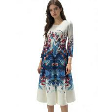 批发法式田园风印花连衣裙女春装三宅高腰显瘦减龄优雅气质裙大码女装