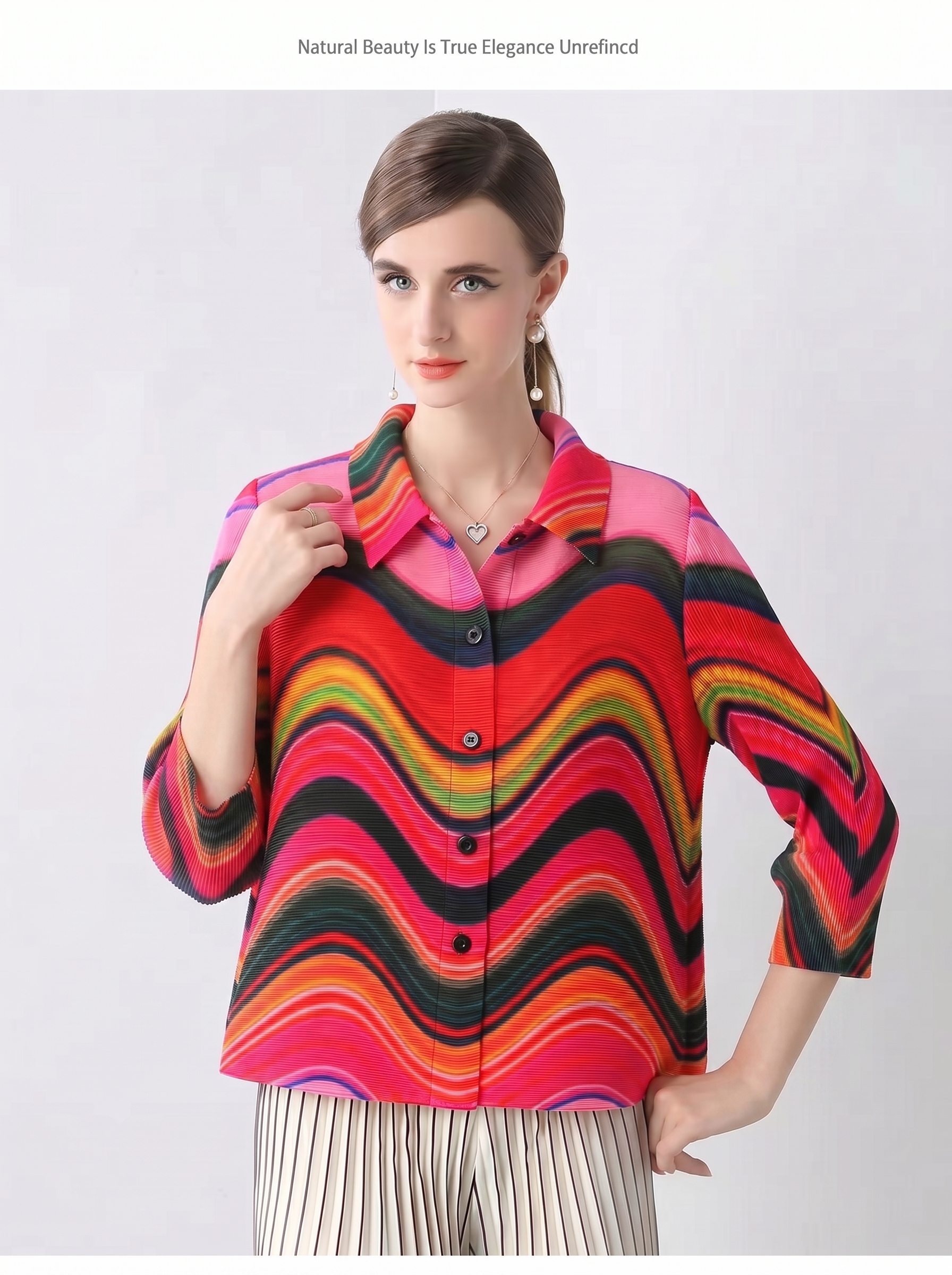 2026 새로운 봄 여름 빅 사이즈 패션 고귀한 폴로 칼라 맨위 외국 가스 연령 감소 고급 센스 플리츠 주름 여성 셔츠