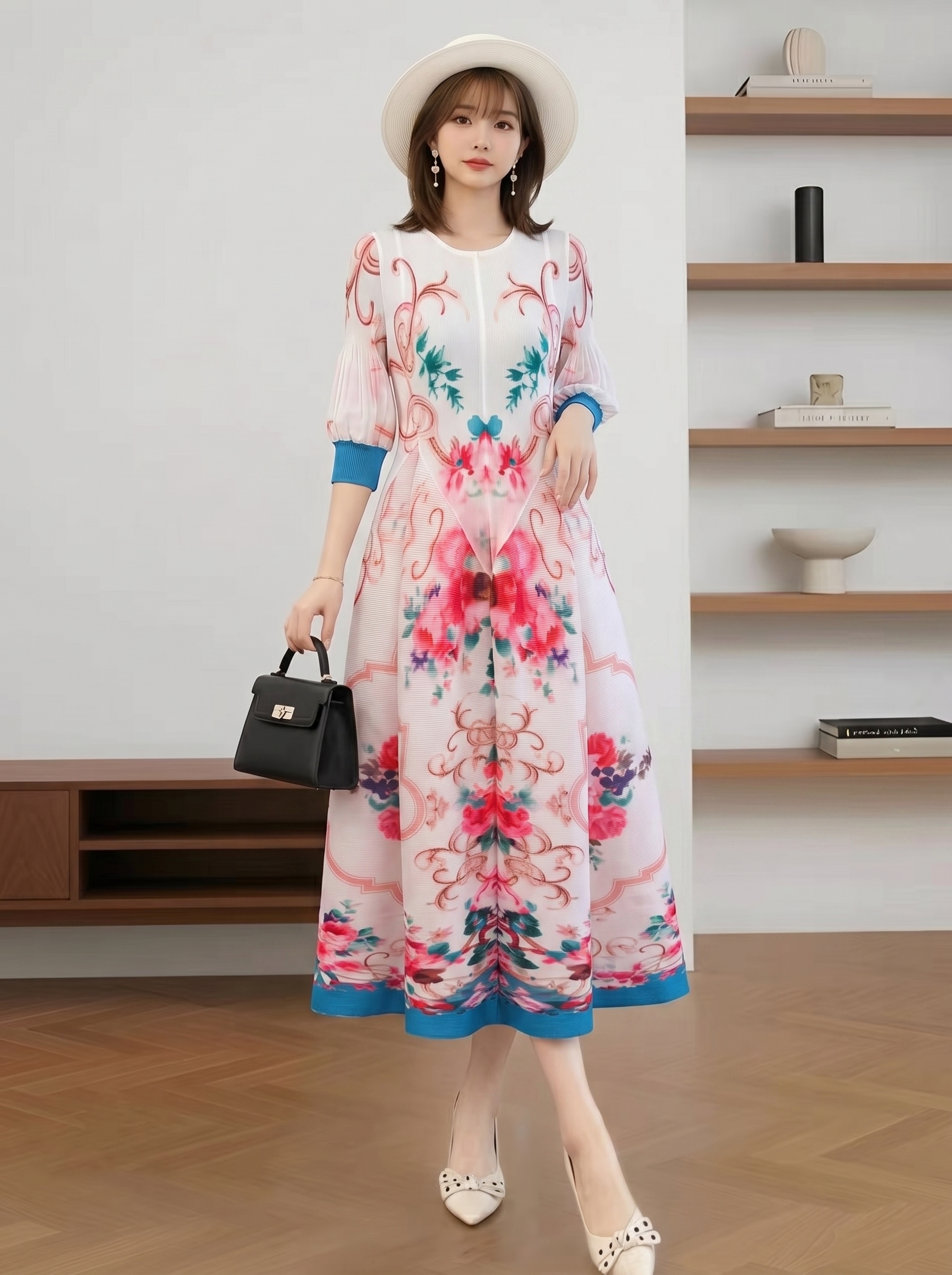 RY6965# 优雅印花连衣裙女2026新款减龄洋气妈妈三宅褶皱弹簧裙子
