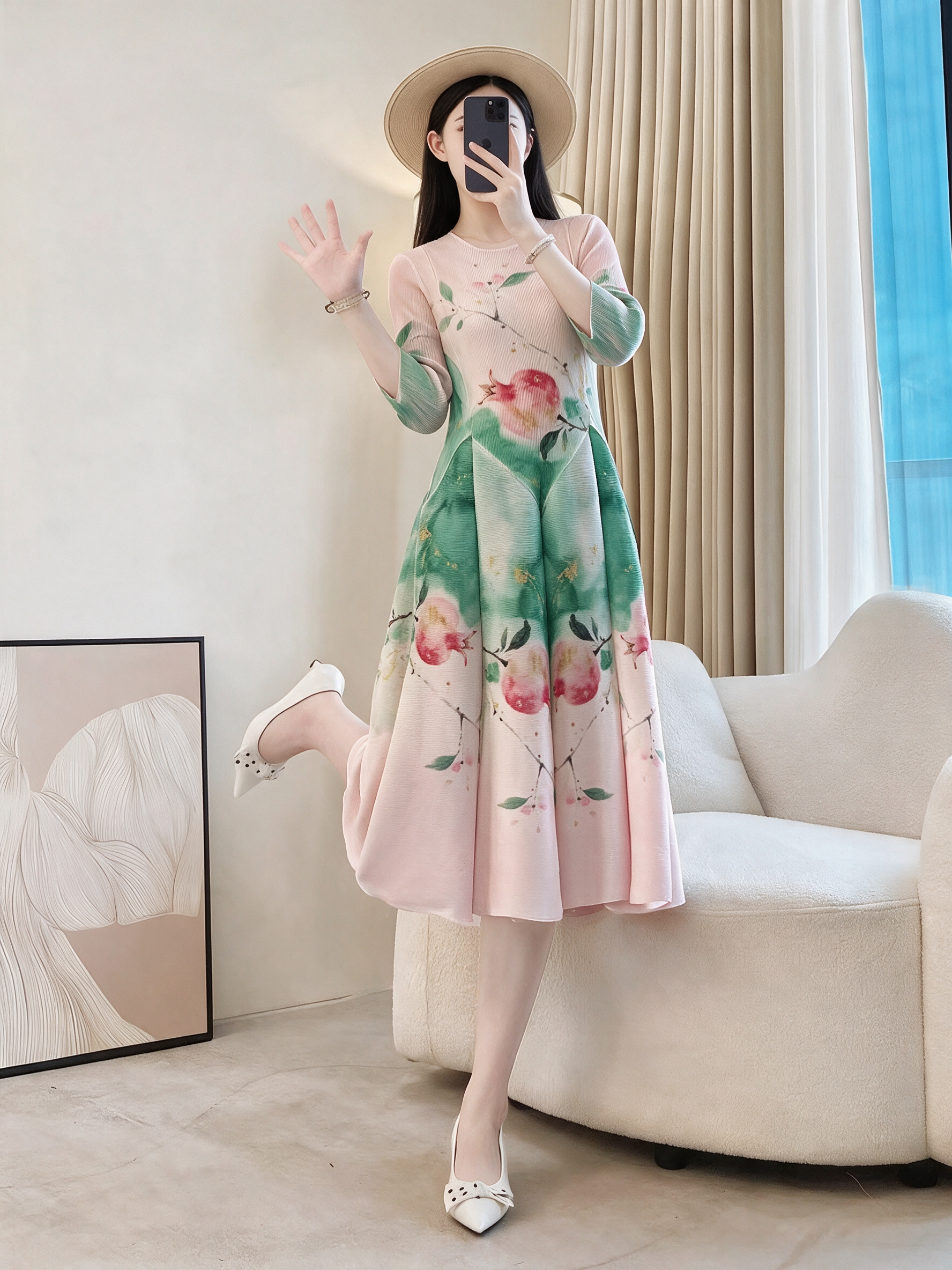 RY9357# 优雅石榴印花连衣裙女减龄洋气三宅褶皱弹簧连衣裙
