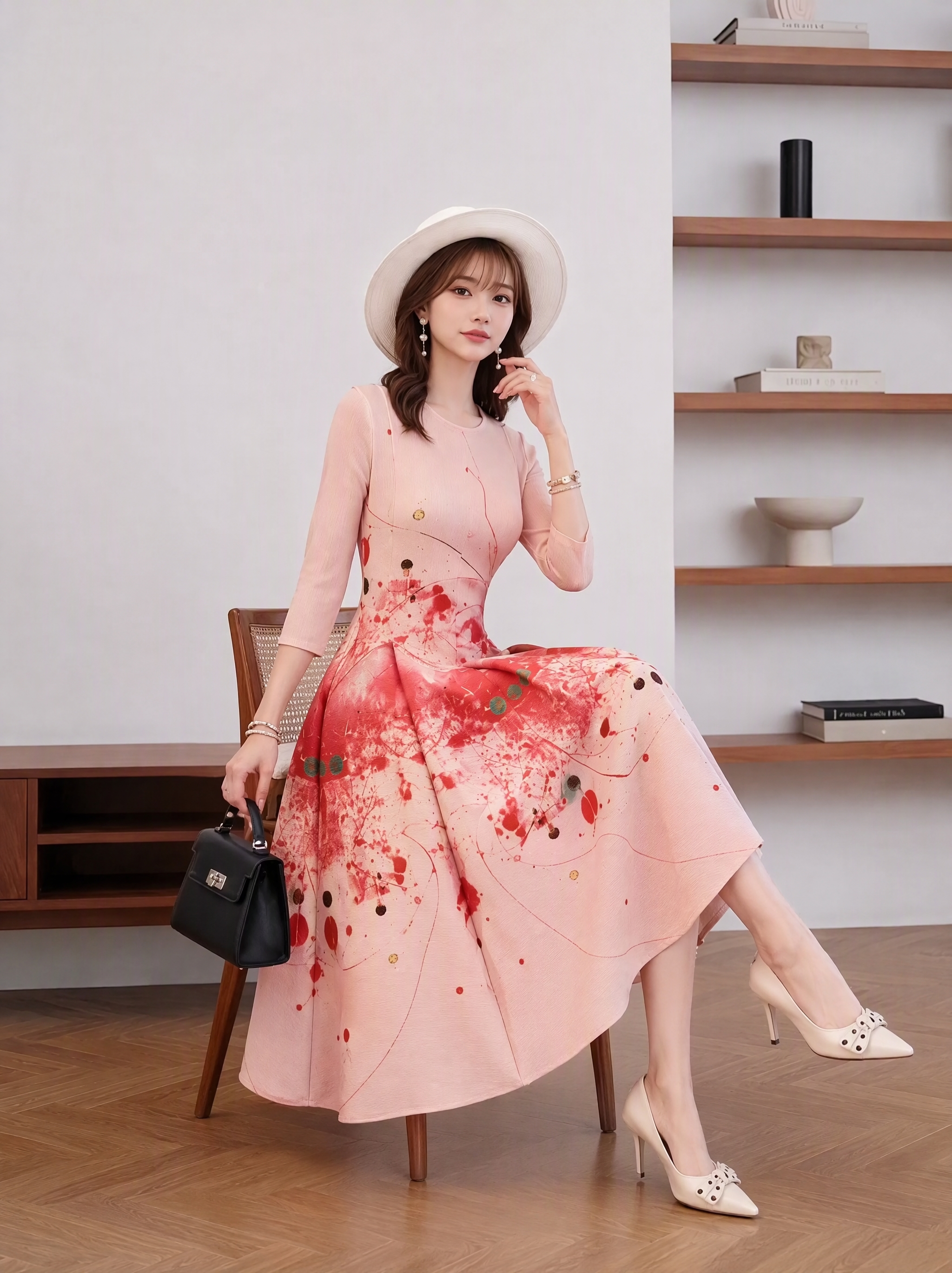 RY9359# 优雅印花连衣裙女新款减龄洋气三宅褶皱弹簧裙子