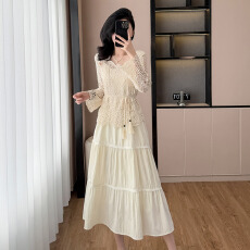 批发法式钩花减龄<b class='q'>镂空</b><b class='q'>针织</b>长袖<b class='q'>罩衫</b>上衣吊带花边连衣裙腰绳三件套装女