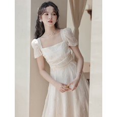 批发法式森系清纯白色方领衣裙女夏季新款设计感小众温柔风a字裙