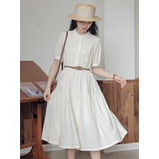 批发茶歇法式米白色<b class='q'>连衣裙</b>女夏季新款a字收腰显瘦长裙小个子