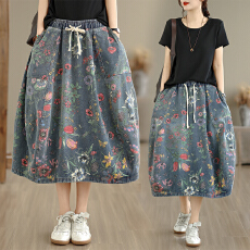 批发松紧腰牛仔<b class='q'>半身裙</b>女春夏新款文艺复古宽松休闲印花拼接中长款女裙