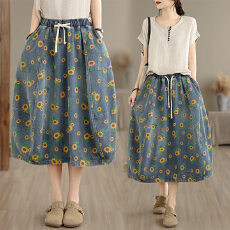 批发宽松文艺印花牛仔半身裙女春秋大码显瘦中长裙气质<b class='q'>百搭</b>A字裙棉