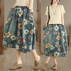 批发个性印花牛仔半身裙女春夏季大码胖mm中长裙遮肉<b class='q'>百搭</b>a字裙潮