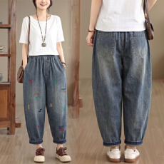 批发复古做旧卡通彩色小刺绣<b class='q'>牛仔裤</b>女2026新款夏季宽松显瘦八分<b class='q'>哈伦</b>裤
