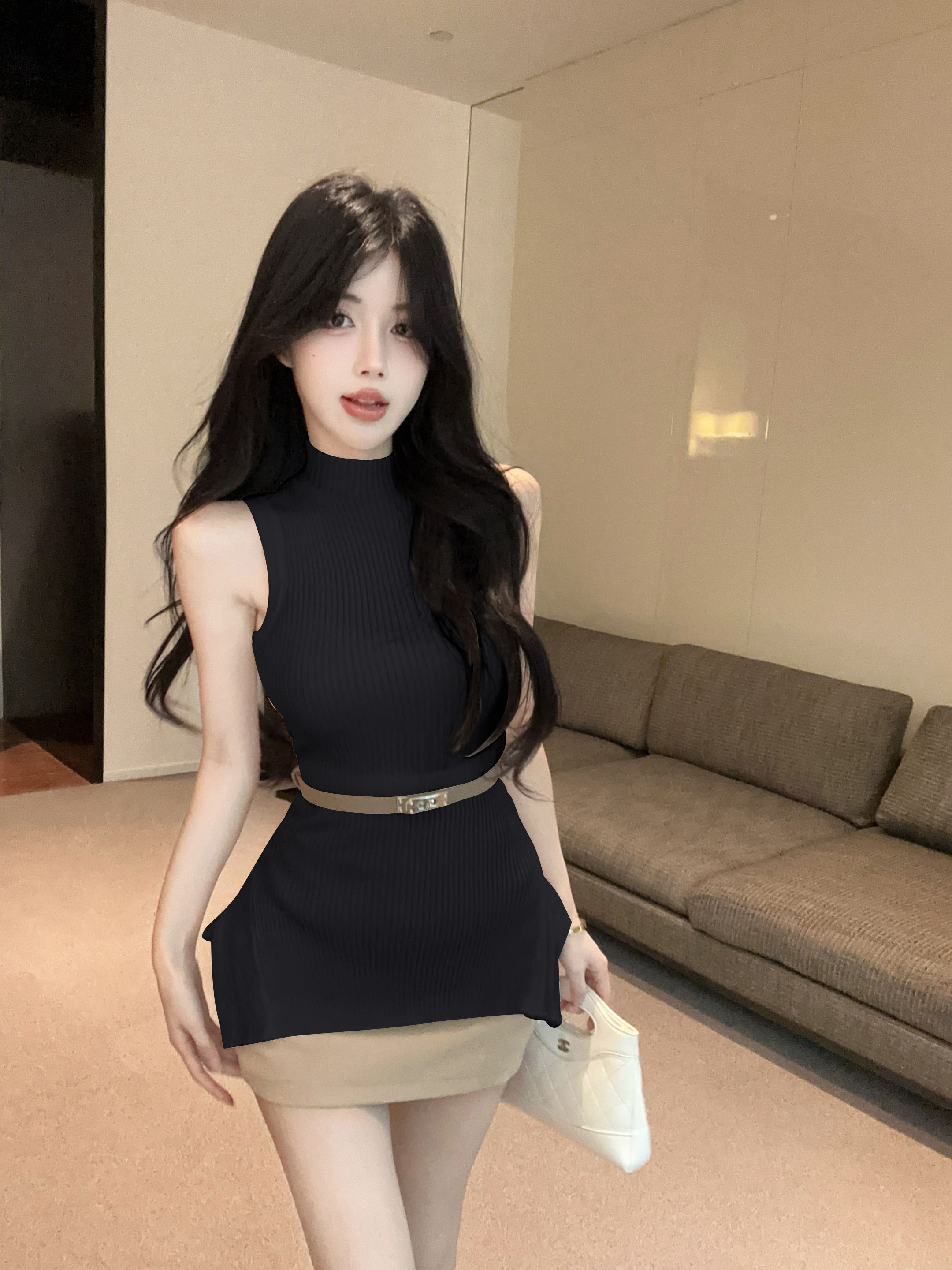 실사 정가 프랑스식 디자인 센스 작은 대중 불규칙 밑단 니트 조끼 여성 몸매 가꾸기 슬림해 보이는 맨위