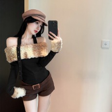 批发美式复古辣妹毛领拼接<b class='q'>一字肩</b>毛毛挂挂脖上衣2025冬季毛领打底衫女