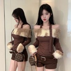 批发美式复古辣妹毛领拼接<b class='q'>一字肩</b>毛毛挂挂脖上衣2025冬季毛领打底衫女