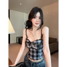 批发实拍实价美式性感辣妹格子短款吊带背心<b class='q'>春</b>款修身复古无袖上衣小众