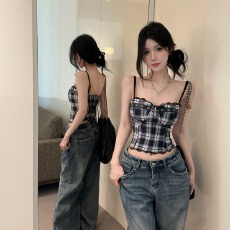 批发实拍实价美式性感辣妹格子短款吊带背心<b class='q'>春</b>款修身复古无袖上衣小众