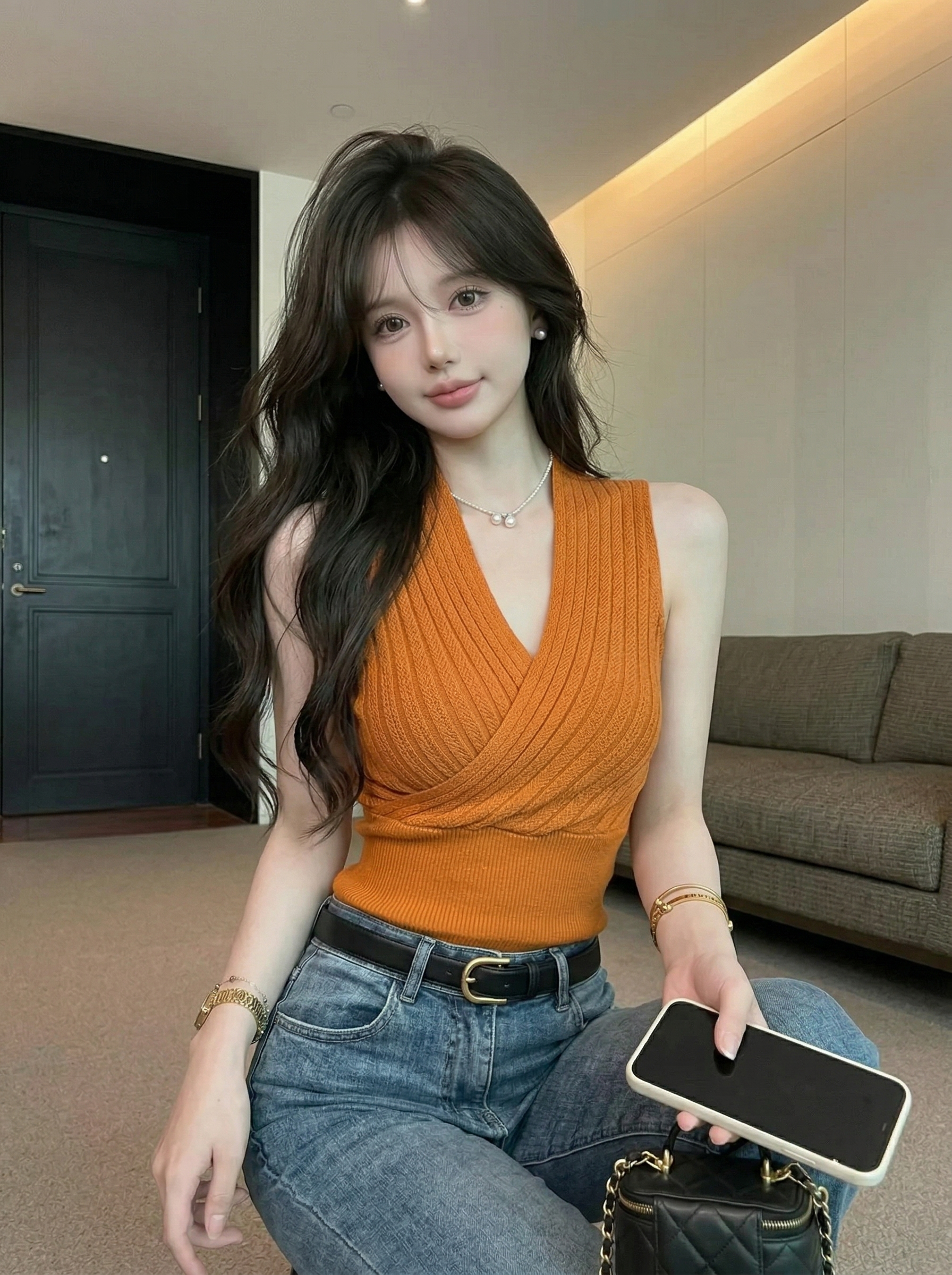 실사 정가 주황색 십자가 V넥 민소매 니트 스웨터 구덩이 기사 몸매 가꾸기 인사이드 가져 가라. 조끼 핫걸 허리 수축 맨위