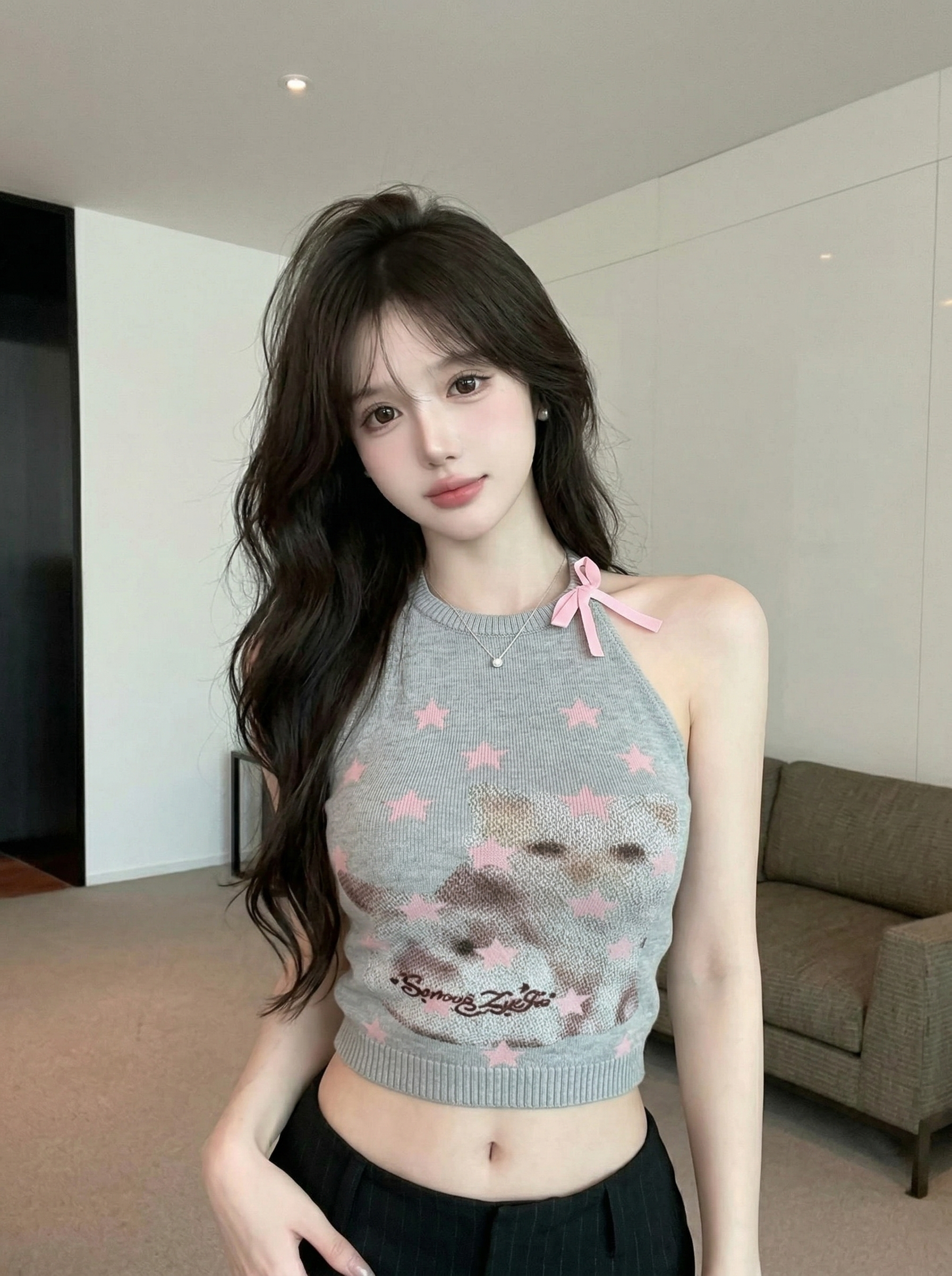 정가 실사 여름 새로운 순수한 욕망 나비 매듭 별 고양이 프린트 슬림해 보이는 파란색 니트 조끼 여성