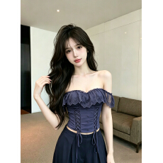 批发实拍实价甜辣风蕾丝拼接一字肩吊带背心纯欲风修身系带辣妹上衣