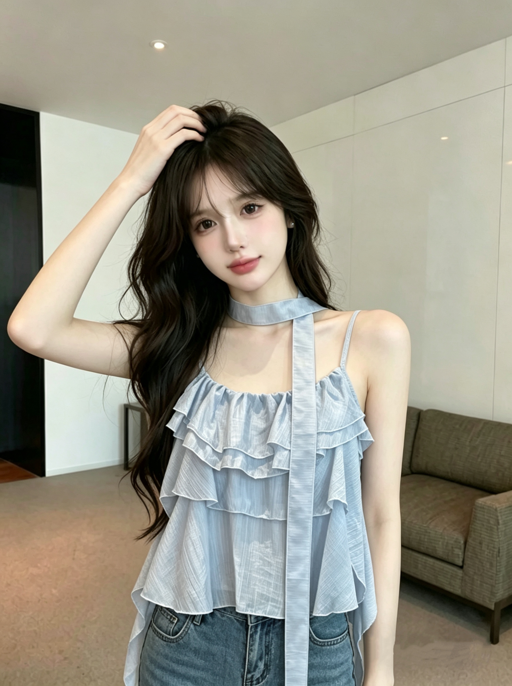 실사 정가 순수한 욕망 바람 행침 목 프릴 슬립 여성 2025 여름 새로운 디자인 센스 작은 대중 핫걸