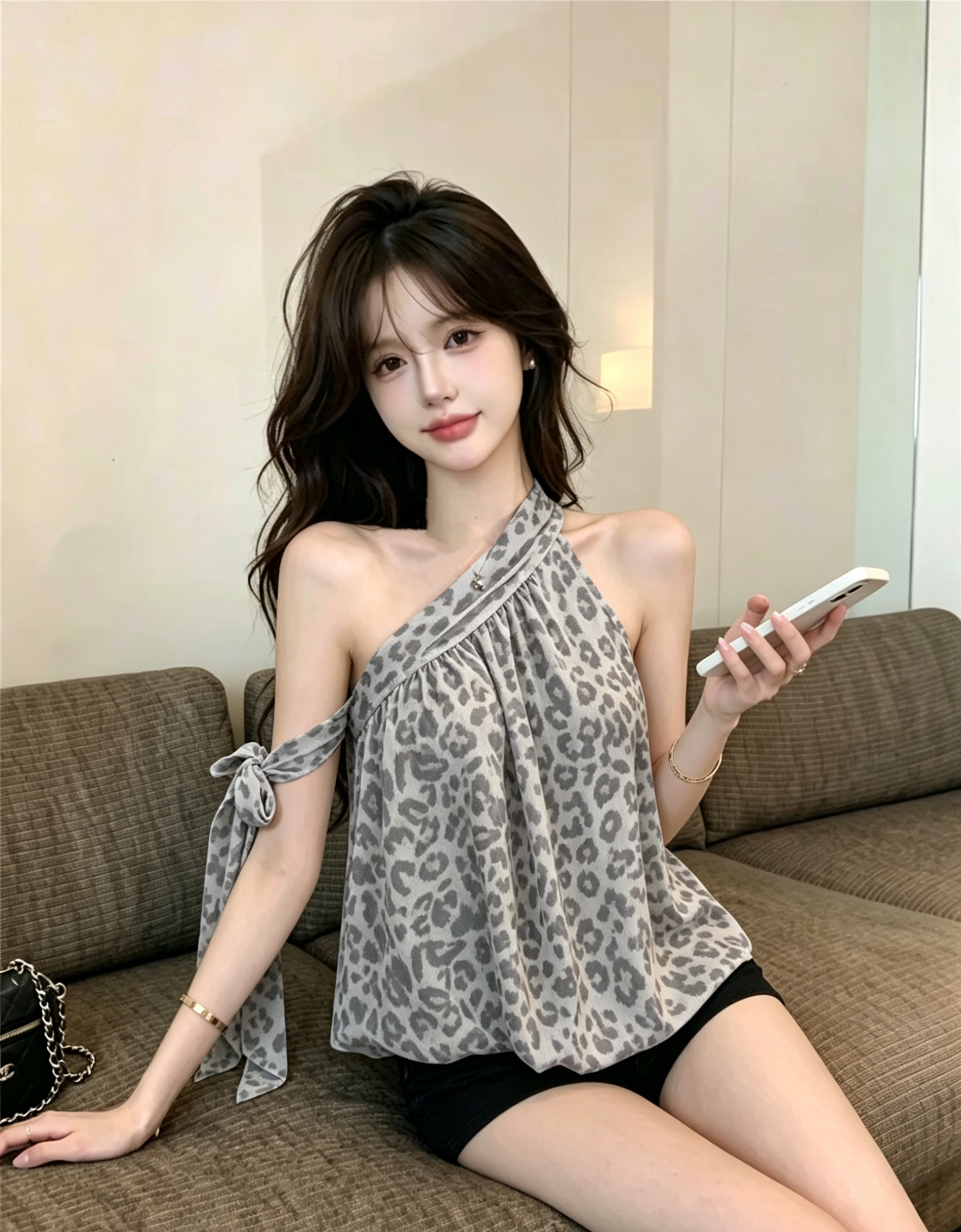 실사 정가 순수한 욕망 핫걸 비스듬한 어깨 행침 목 맨위 스트랩 오프숄더 디자인 센스 작은 대중 표지 고기 슬림해 보이는 민소매 뒤로