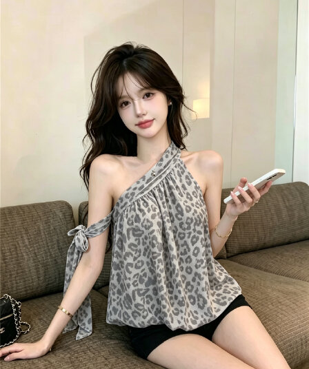 실사 정가 순수한 욕망 핫걸 비스듬한 어깨 행침 목 맨위 스트랩 오프숄더 디자인 센스 작은 대중 표지 고기 슬림해 보이는 민소매 뒤로